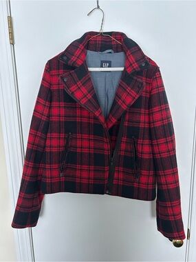 GAP Red and Black Plaid Moto Jacket